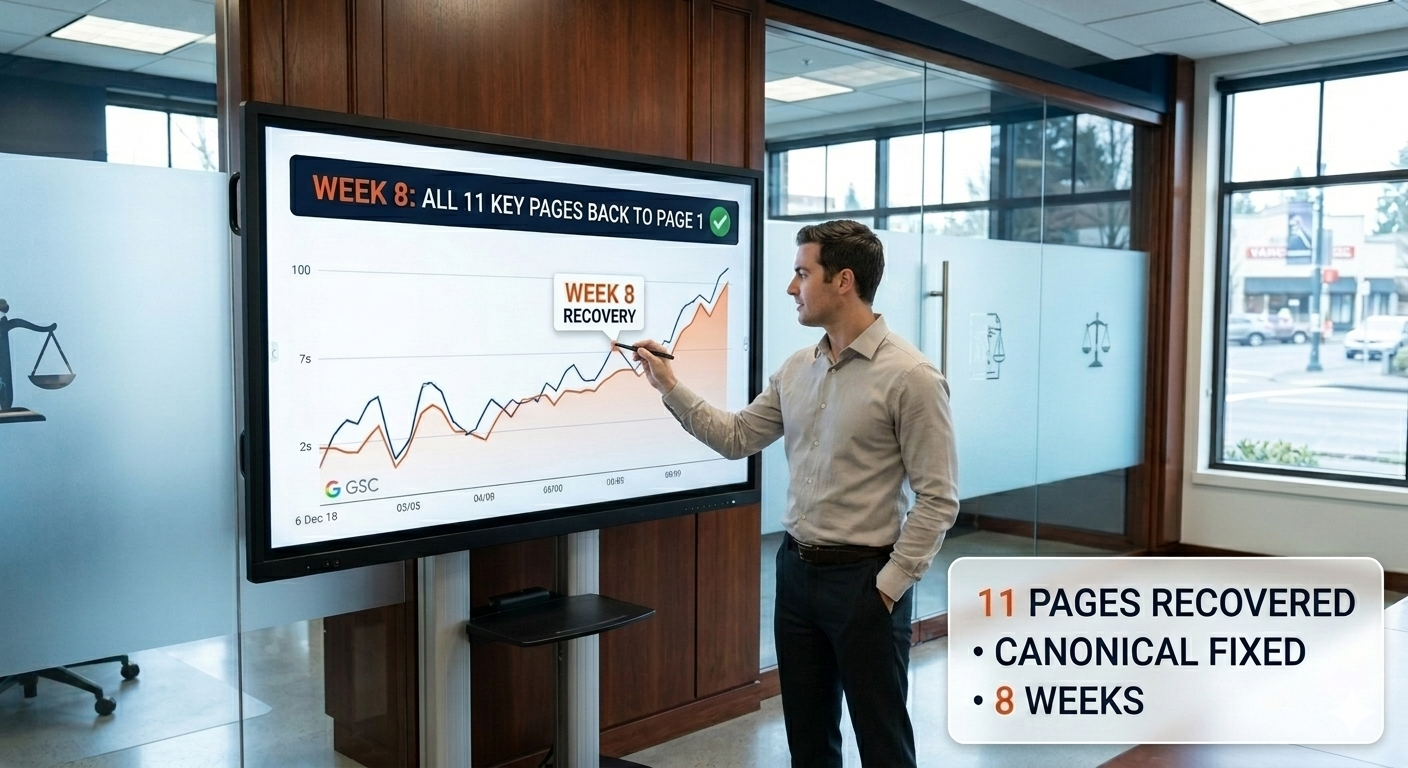 Website technical SEO optimization process in Vancouver WA showing site audit, performance metrics, and search engine indexing improvements.